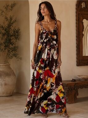 1990s Vintage Hypnotized Braided Strap Abstract Print Maxi Dress